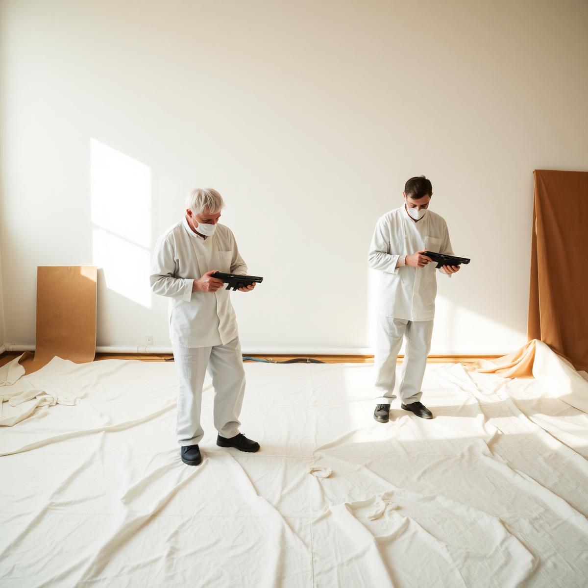 Two painters masking and preparing a bright empty room with drop sheets down
