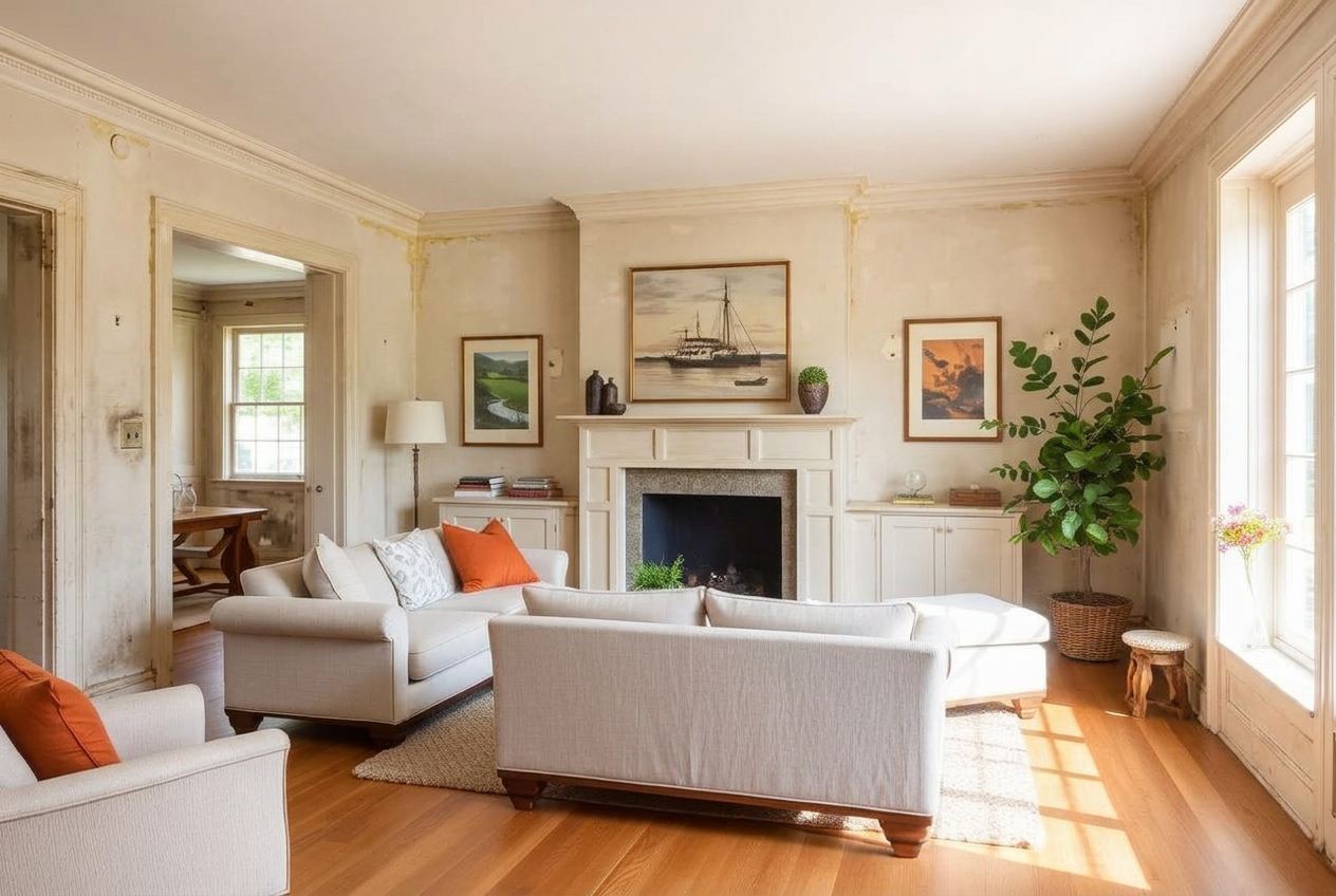 Older living room → bright contemporary finish — before