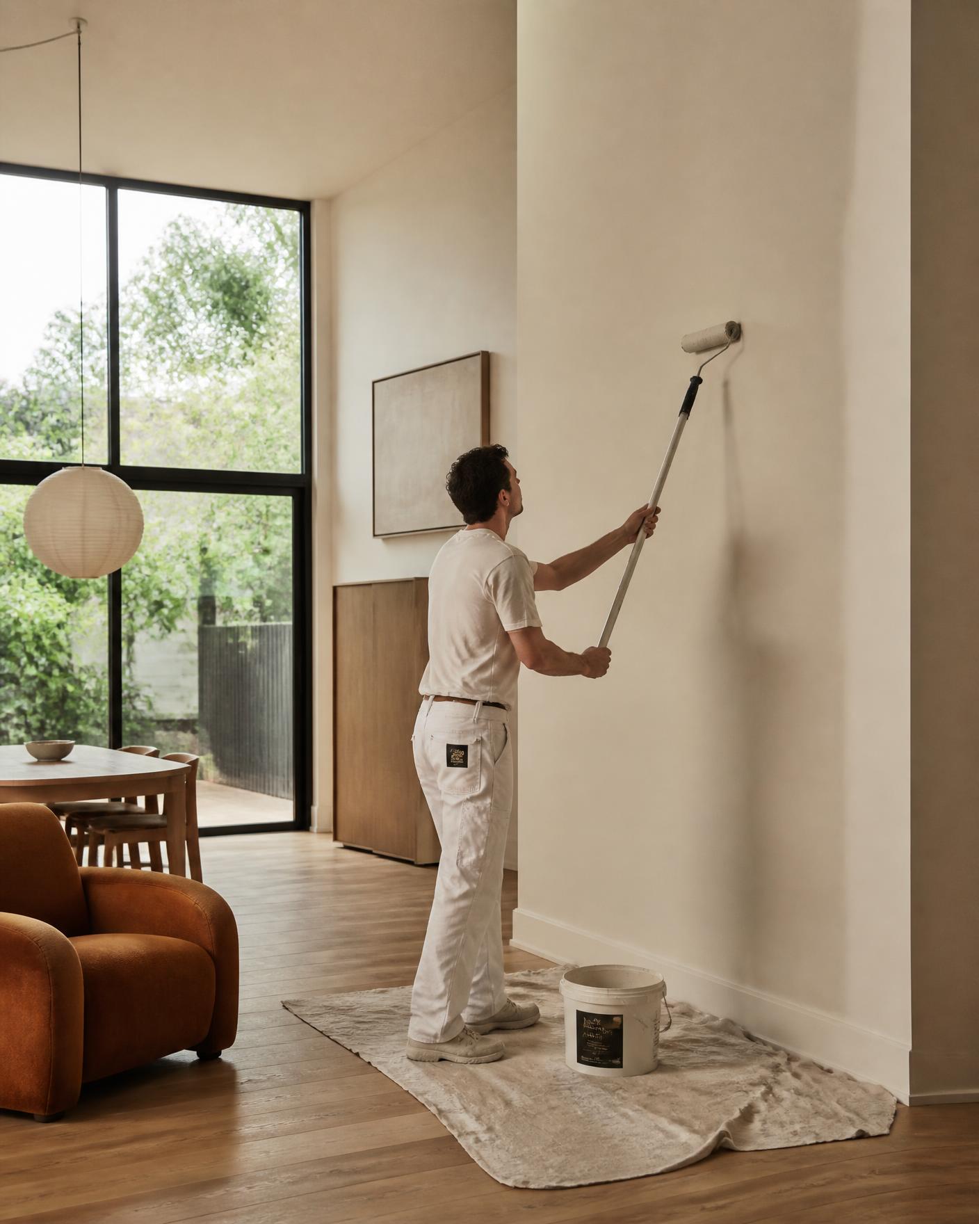Painter rolling warm white paint onto a wall in a modern Melbourne home